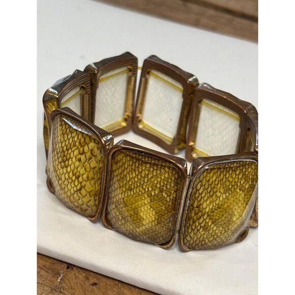 Yellow Snake Print Resin & Gold Tone Stretch Bracelet - Picture 7 of 8